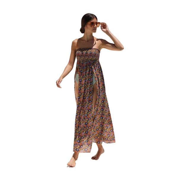 ANTHROPOLOGIE DRAMA MAXI DRESS STRAPLESS FULL SLIT SUMMER BOHO - Picture 1 of 7